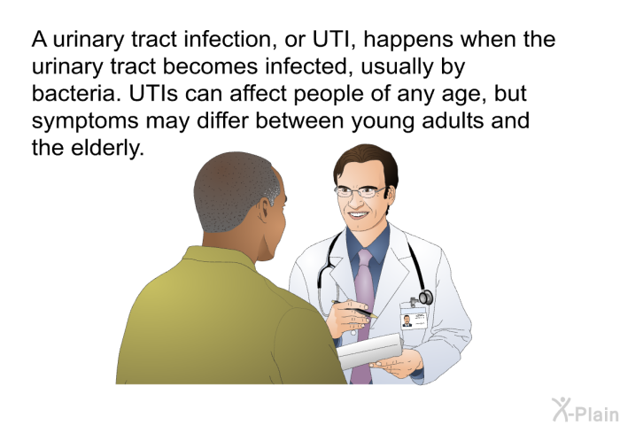 A urinary tract infection, or UTI, happens when the urinary tract becomes infected, usually by bacteria. UTIs can affect people of any age, but symptoms may differ between young adults and the elderly.