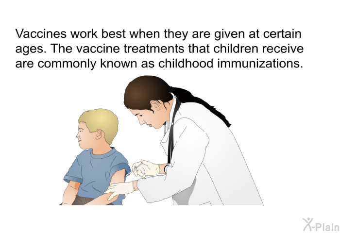 Vaccines work best when they are given at certain ages. The vaccine treatments that children receive are commonly known as childhood immunizations.