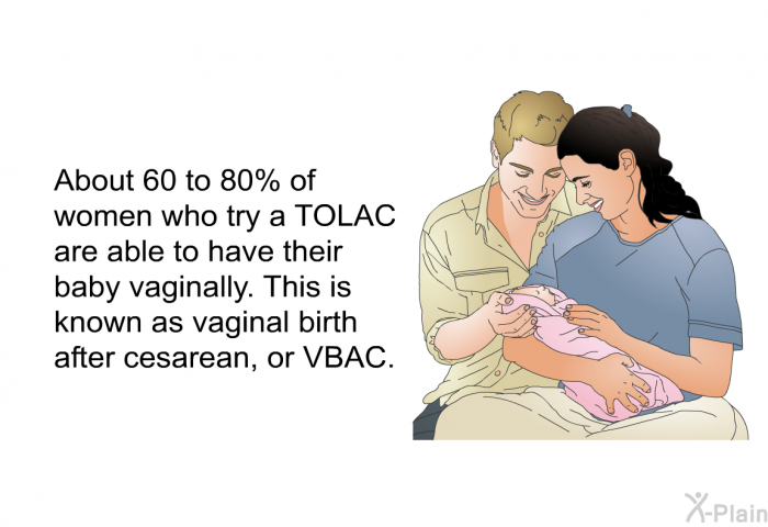 About 60 to 80% of women who try a TOLAC are able to have their baby vaginally. This is known as vaginal birth after cesarean, or VBAC.