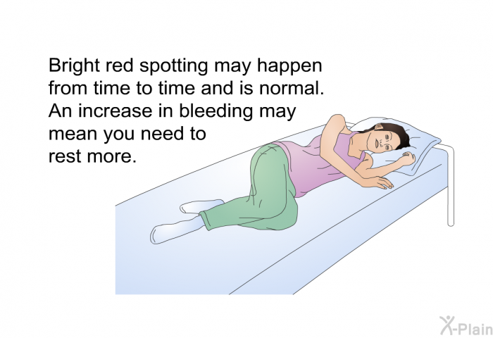 Bright red spotting may happen from time to time and is normal. An increase in bleeding may mean you need to rest more.