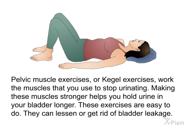 Pelvic muscle exercises, or Kegel exercises, work the muscles that you use to stop urinating. Making these muscles stronger helps you hold urine in your bladder longer. These exercises are easy to do. They can lessen or get rid of bladder leakage.