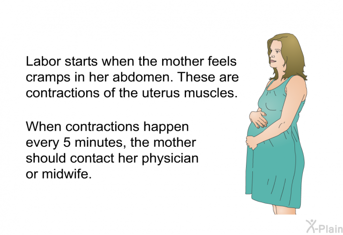Labor starts when the mother feels cramps in her abdomen. These are contractions of the uterus muscles. When contractions happen every 5 minutes, the mother should contact her physician or midwife.
