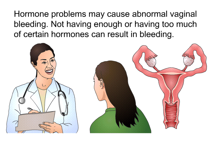 Hormone problems may cause abnormal vaginal bleeding. Not having enough or having too much of certain hormones can result in bleeding.