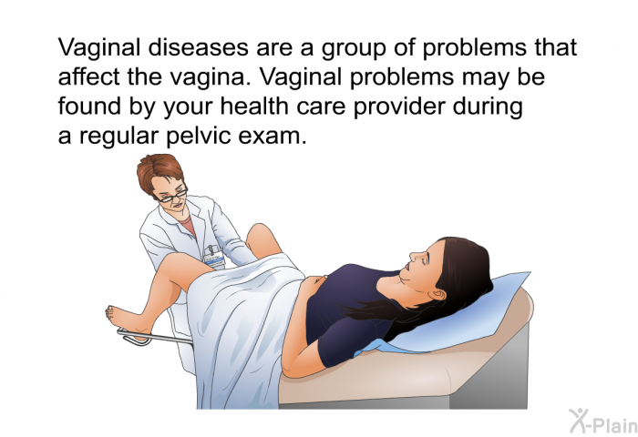 Vaginal diseases are a group of problems that affect the vagina. Vaginal problems may be found by your health care provider during a regular pelvic exam.
