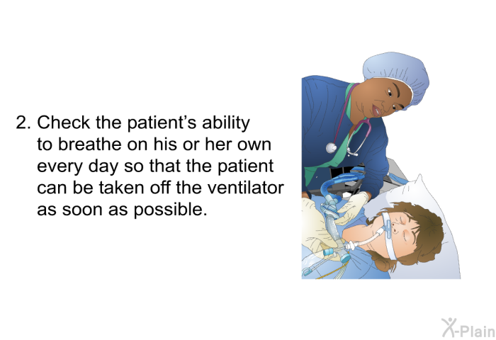 Check the patient's ability to breathe on his or her own every day so that the patient can be taken off the ventilator as soon as possible.