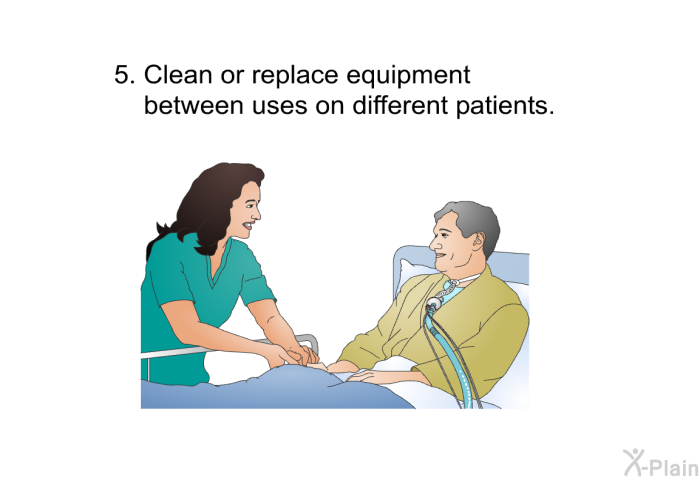 Clean or replace equipment between uses on different patients.