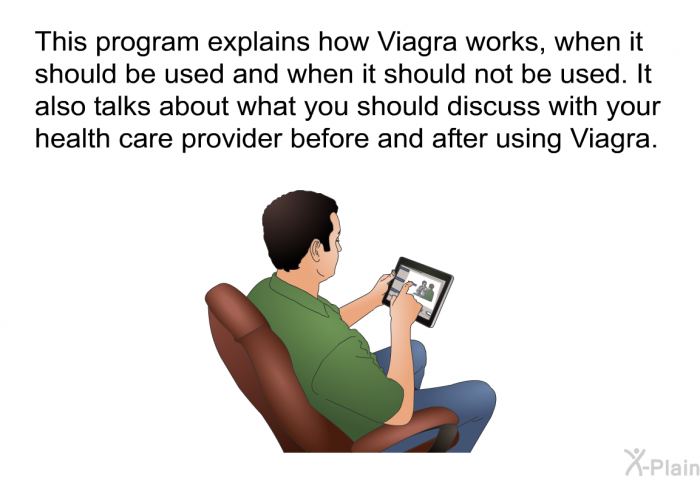This health information explains how Viagra works, when it should be used and when it should not be used. It also talks about what you should discuss with your health care provider before and after using Viagra.