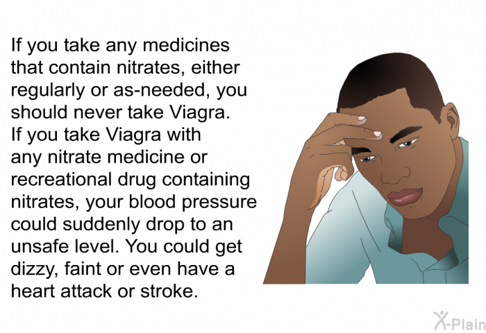 If you take any medicines that contain nitrates, either regularly or as-needed, you should never take Viagra. If you take Viagra with any nitrate medicine or recreational drug containing nitrates, your blood pressure could suddenly drop to an unsafe level. You could get dizzy, faint or even have a heart attack or stroke.