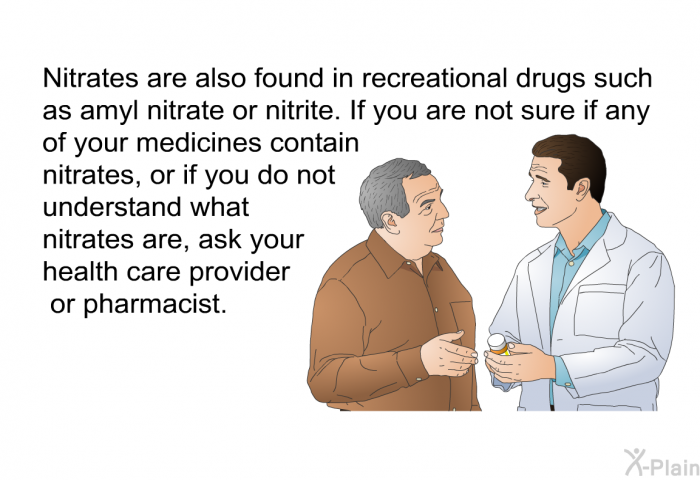Nitrates are also found in recreational drugs such as amyl nitrate or nitrite. If you are not sure if any of your medicines contain nitrates, or if you do not understand what nitrates are, ask your health care provider or pharmacist.