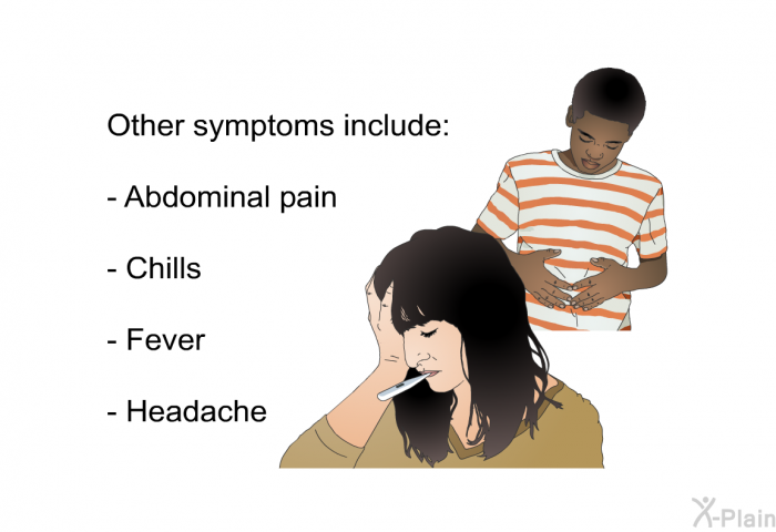 Other symptoms include:  Abdominal pain Chills Fever Headache