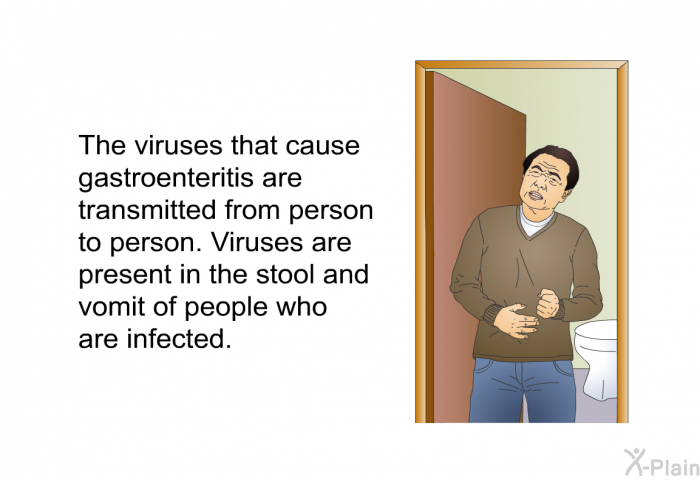 The viruses that cause gastroenteritis are transmitted from person to person. Viruses are present in the stool and vomit of people who are infected.