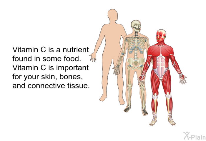 Vitamin C is a nutrient found in some food. Vitamin C is important for your skin, bones, and connective tissue.