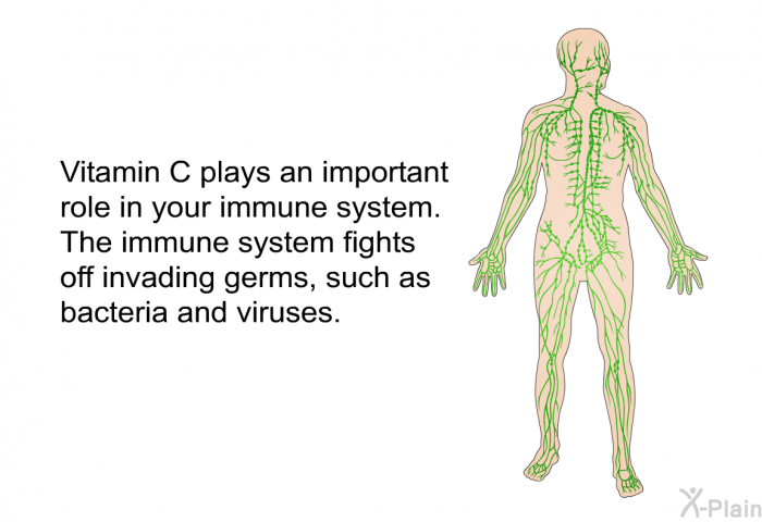 Vitamin C plays an important role in your immune system. The immune system fights off invading germs, such as bacteria and viruses.