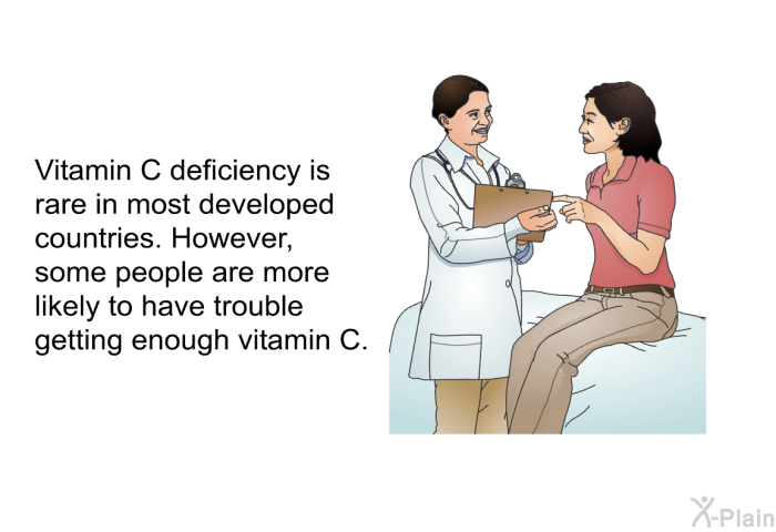 Vitamin C deficiency is rare in most developed countries. However, some people are more likely to have trouble getting enough vitamin C.