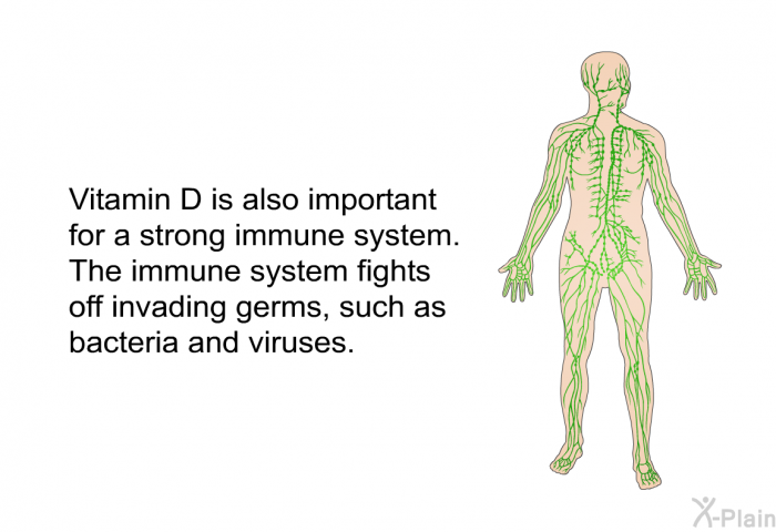 Vitamin D is also important for a strong immune system. The immune system fights off invading germs, such as bacteria and viruses.
