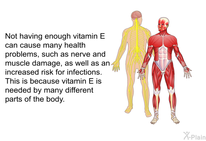 Not having enough vitamin E can cause many health problems, such as nerve and muscle damage, as well as an increased risk for infections. This is because vitamin E is needed by many different parts of the body.