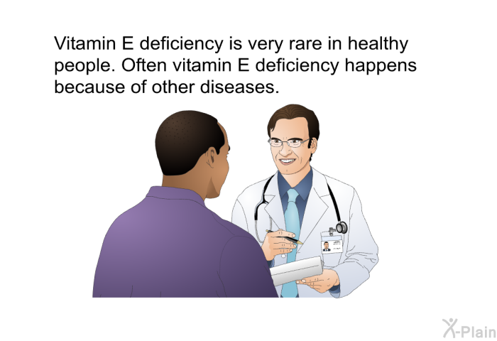 Vitamin E deficiency is very rare in healthy people. Often vitamin E deficiency happens because of other diseases.