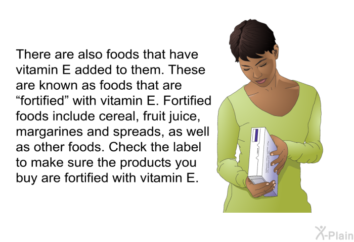 There are also foods that have vitamin E added to them. These are known as foods that are “fortified” with vitamin E. Fortified foods include cereal, fruit juice, margarines and spreads, as well as other foods. Check the label to make sure the products you buy are fortified with vitamin E.