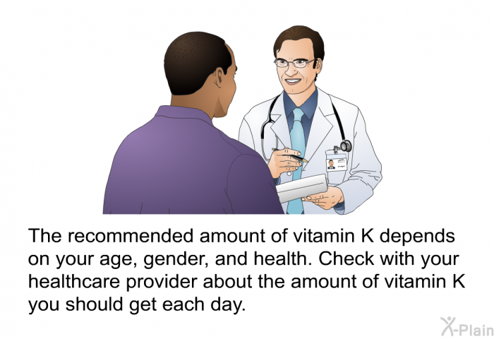 The recommended amount of vitamin K depends on your age, gender, and health. Check with your healthcare provider about the amount of vitamin K you should get each day.