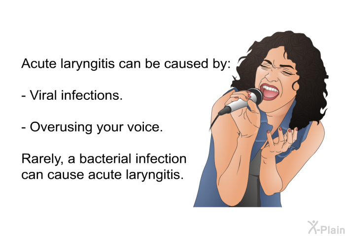 Acute laryngitis can be caused by:  Viral infections. Overusing your voice.  
 Rarely, a bacterial infection can cause acute laryngitis.