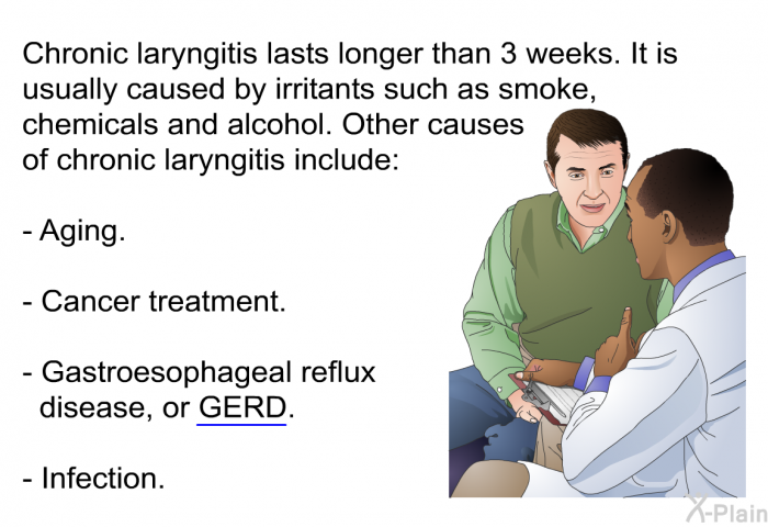 Chronic laryngitis lasts longer than 3 weeks. It is usually caused by irritants such as smoke, chemicals and alcohol. Other causes of chronic laryngitis include:  Aging. Cancer treatment. Gastroesophageal reflux disease, or GERD. Infection.