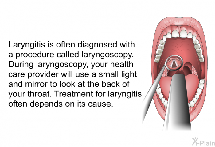 Laryngitis is often diagnosed with a procedure called laryngoscopy. During laryngoscopy, your health care provider will use a small light and mirror to look at the back of your throat. Treatment for laryngitis often depends on its cause.