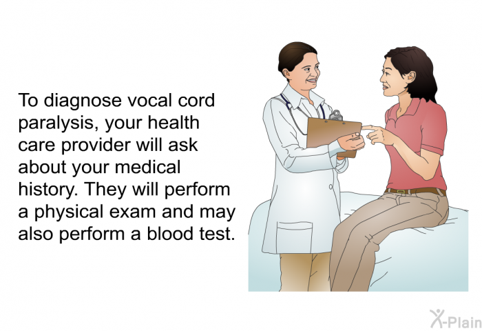 To diagnose vocal cord paralysis, your health care provider will ask about your medical history. They will perform a physical exam and may also perform a blood test.