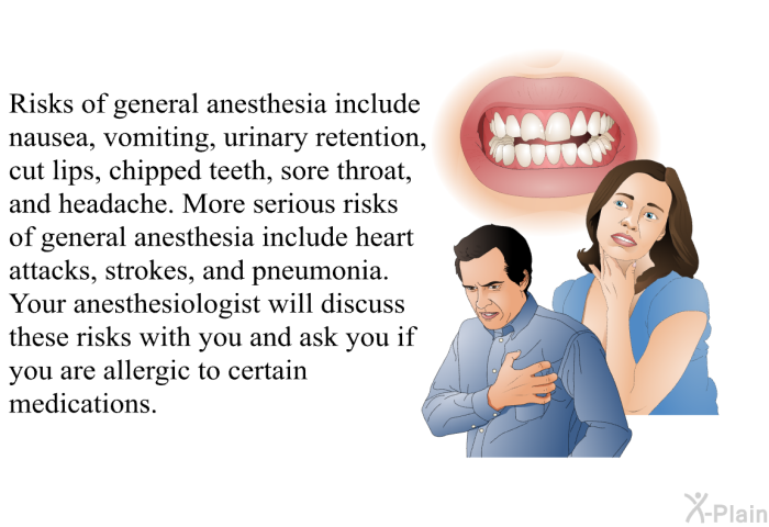Risks of general anesthesia include nausea, vomiting, urinary retention, cut lips, chipped teeth, sore throat, and headache. More serious risks of general anesthesia include heart attacks, strokes, and pneumonia. Your anesthesiologist will discuss these risks with you and ask you if you are allergic to certain medications.