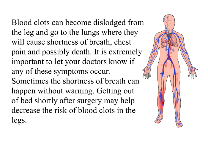 Blood clots can become dislodged from the leg and go to the lungs where they will cause shortness of breath, chest pain and possibly death. It is extremely important to let your doctors know if any of these symptoms occur. Sometimes the shortness of breath can happen without warning. Getting out of bed shortly after surgery may help decrease the risk of blood clots in the legs.