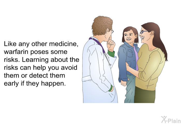 Like any other medicine, warfarin poses some risks. Learning about the risks can help you avoid them or detect them early if they happen.