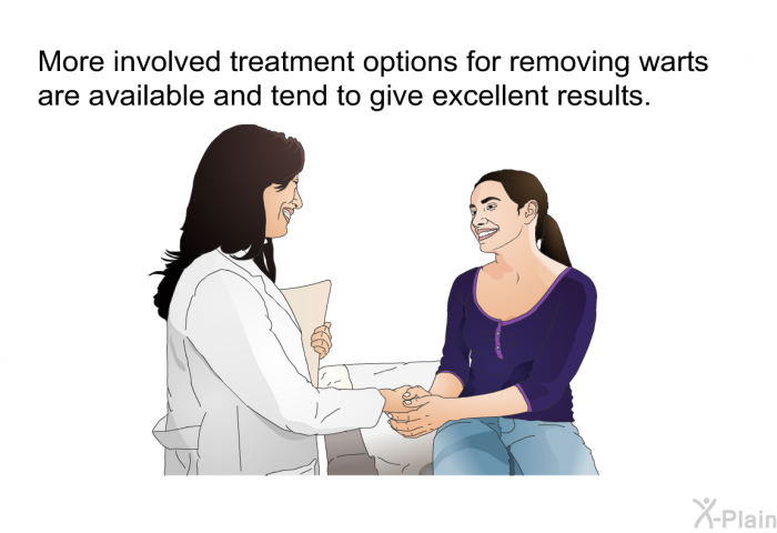 More involved treatment options for removing warts are available and tend to give excellent results.