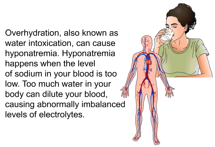 Overhydration, also known as water intoxication, can cause hyponatremia. Hyponatremia happens when the level of sodium in your blood is too low. Too much water in your body can dilute your blood, causing abnormally imbalanced levels of electrolytes.