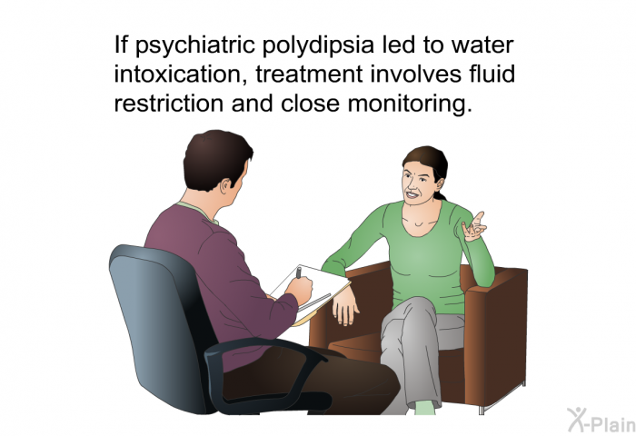 If psychiatric polydipsia led to water intoxication, treatment involves fluid restriction and close monitoring.