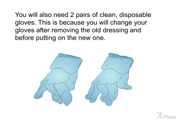 You will also need 2 pairs of clean, disposable gloves. This is because you will change your gloves after removing the old dressing and before putting on the new one.