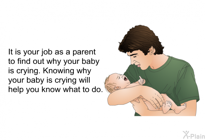 It is your job as a parent to find out why your baby is crying. Knowing why your baby is crying will help you know what to do.