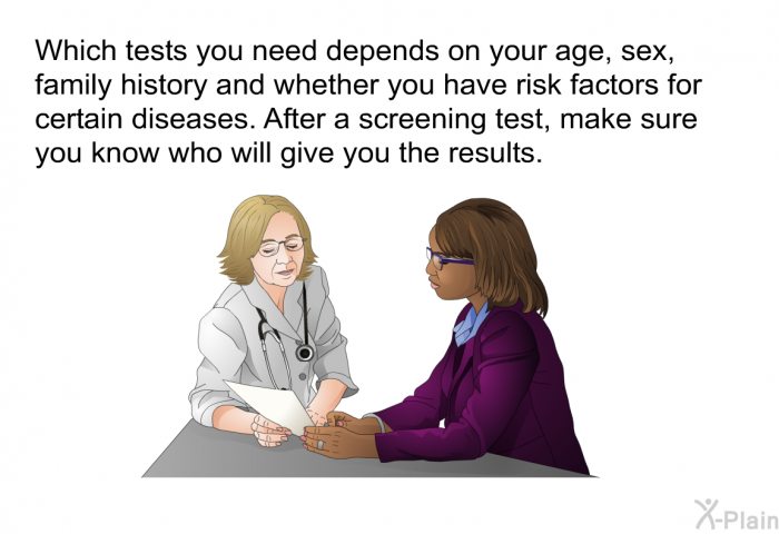 Which tests you need depends on your age, sex, family history and whether you have risk factors for certain diseases. After a screening test, make sure you know who will give you the results.