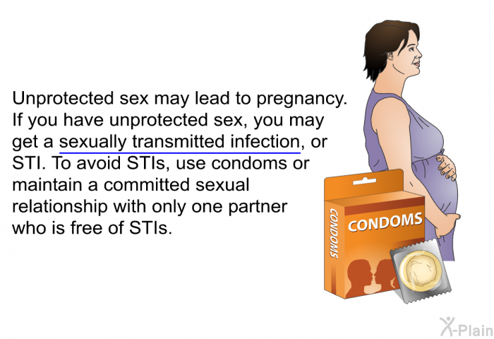 Unprotected sex may lead to pregnancy. If you have unprotected sex, you may get a sexually transmitted infection, or STI. To avoid STIs, use condoms or maintain a committed sexual relationship with only one partner who is free of STIs.