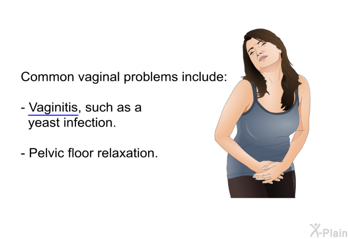 Common vaginal problems include:  Vaginitis, such as a yeast infection. Pelvic floor relaxation.