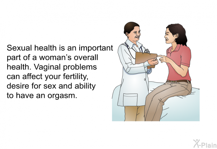 Sexual health is an important part of a woman's overall health. Vaginal problems can affect your fertility, desire for sex and ability to have an orgasm.