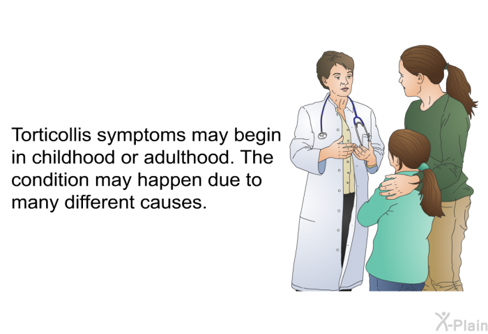 Torticollis symptoms may begin in childhood or adulthood. The condition may happen due to many different causes.