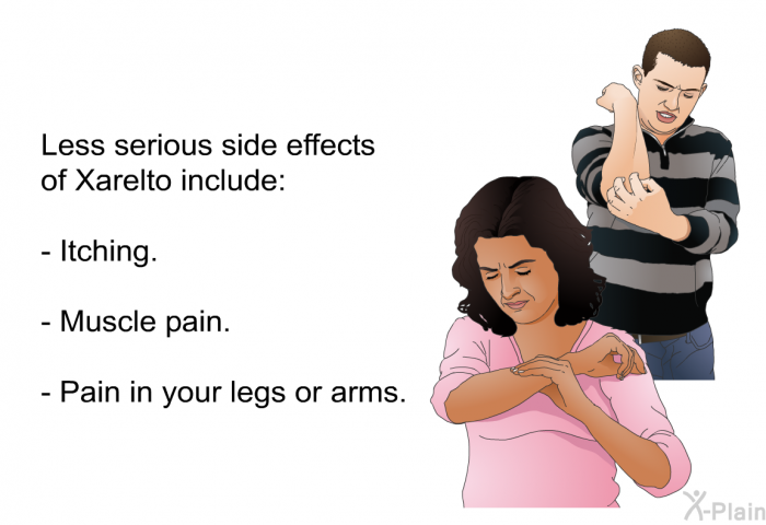 Less serious side effects of Xarelto include:  Itching. Muscle pain. Pain in your legs or arms.