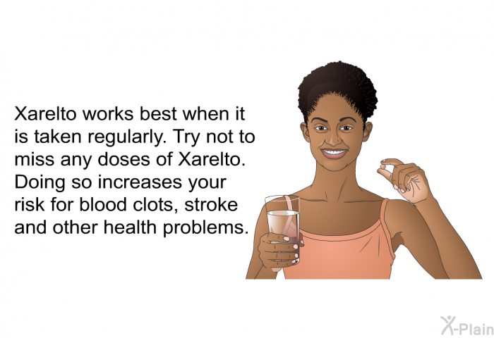 Xarelto works best when it is taken regularly. Try not to miss any doses of Xarelto. Doing so increases your risk for blood clots, stroke and other health problems.