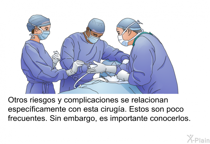 Otros riesgos y complicaciones se relacionan especficamente con esta ciruga. Estos son poco frecuentes. Sin embargo, es importante conocerlos.