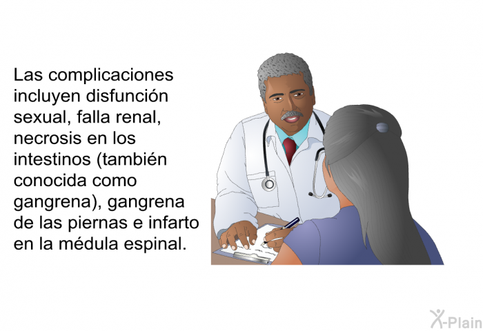 Las complicaciones incluyen disfuncin sexual, falla renal, necrosis en los intestinos (tambin conocida como gangrena), gangrena de las piernas e infarto en la mdula espinal.
