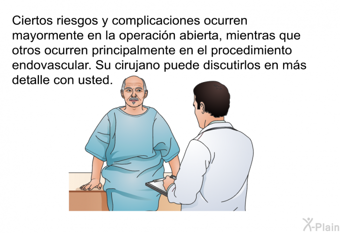 Ciertos riesgos y complicaciones ocurren mayormente en la operacin abierta, mientras que otros ocurren principalmente en el procedimiento endovascular. Su cirujano puede discutirlos en ms detalle con usted.
