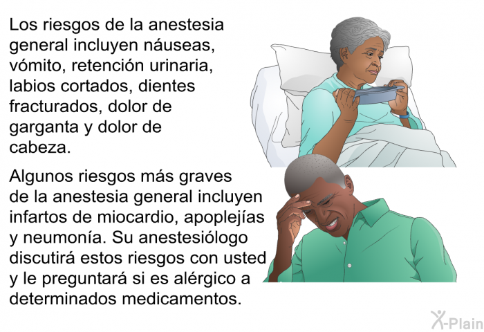 Los riesgos de la anestesia general incluyen nuseas, vmito, retencin urinaria, labios cortados, dientes fracturados, dolor de garganta y dolor de cabeza. Algunos riesgos ms graves de la anestesia general incluyen infartos de miocardio, apoplejas y neumona. Su anestesilogo discutir estos riesgos con usted y le preguntar si es alrgico a determinados medicamentos.