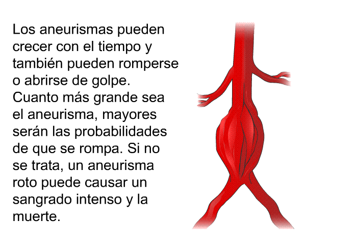 Los aneurismas pueden crecer con el tiempo y tambin pueden romperse o abrirse de golpe. Cuanto ms grande sea el aneurisma, mayores sern las probabilidades de que se rompa. Si no se trata, un aneurisma roto puede causar un sangrado intenso y la muerte.