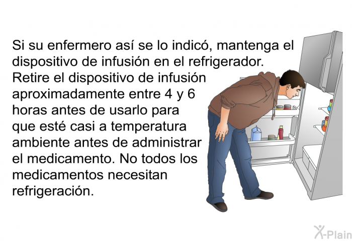 Si su enfermero as se lo indic, mantenga el dispositivo de infusin en el refrigerador. Retire el dispositivo de infusin aproximadamente entre 4 y 6 horas antes de usarlo para que est casi a temperatura ambiente antes de administrar el medicamento. No todos los medicamentos necesitan refrigeracin.