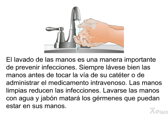 El lavado de las manos es una manera importante de prevenir infecciones. Siempre lvese bien las manos antes de tocar la va de su catter o de administrar el medicamento intravenoso. Las manos limpias reducen las infecciones. Lavarse las manos con agua y jabn matar los grmenes que puedan estar en sus manos.