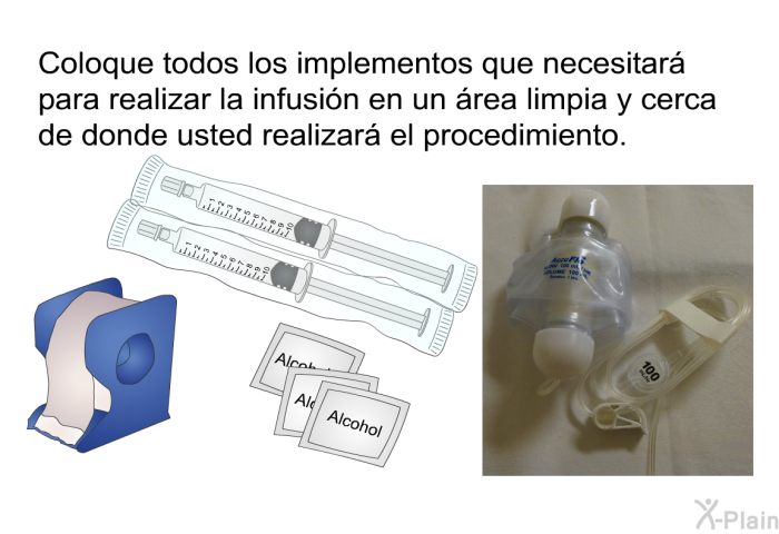 Coloque todos los implementos que necesitar para realizar la infusin en un rea limpia y cerca de donde usted realizar el procedimiento.